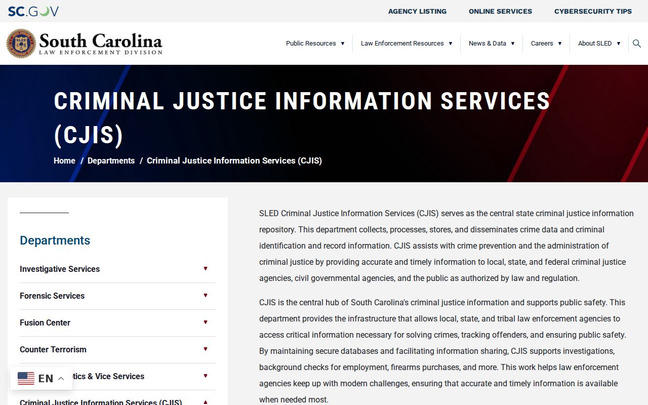 Clarendon County criminal history SLED CJIS correction source