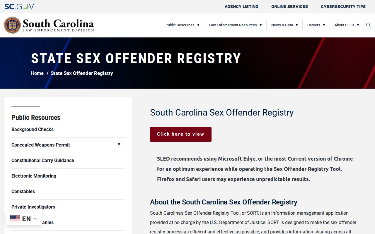 Clarendon County sex offender check on the SLED registry overview