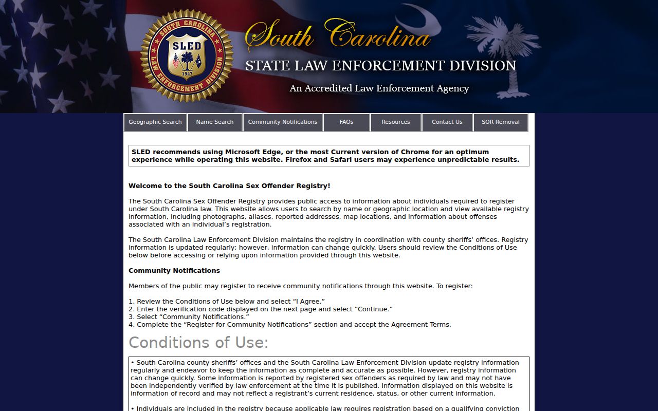 Clarendon County sex offender registry SORT search interface